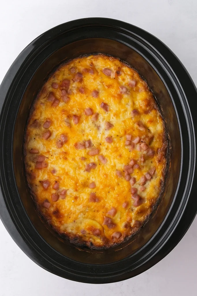 Layered potatoes and ham inside a crockpot