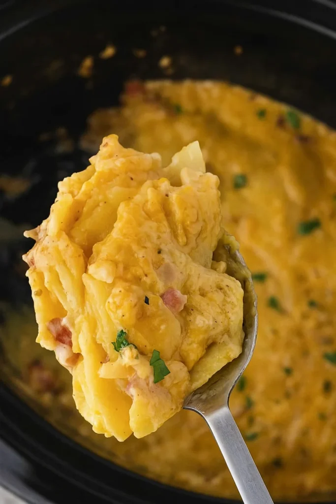 Layered potatoes and ham inside a crockpot