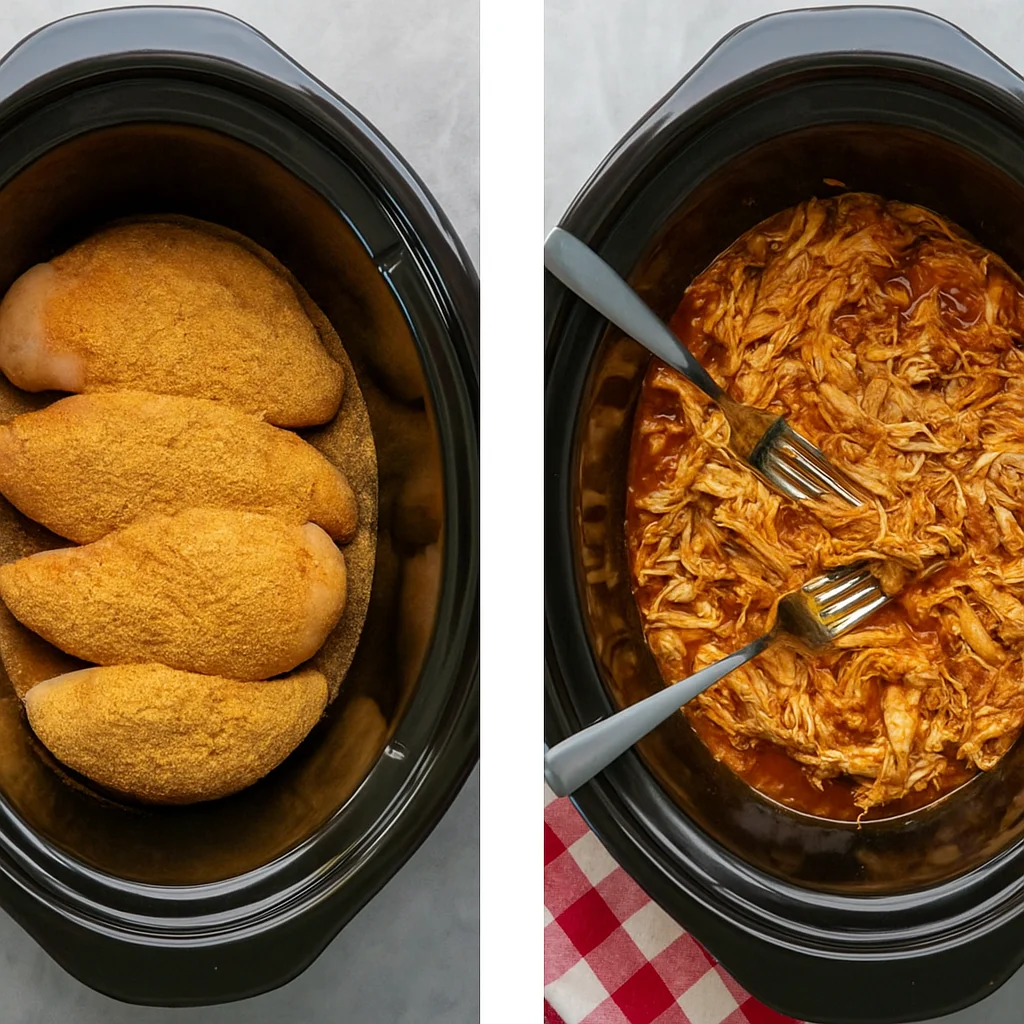 Slow Cooker Mexican Chicken cooking in crockpot with salsa and spices