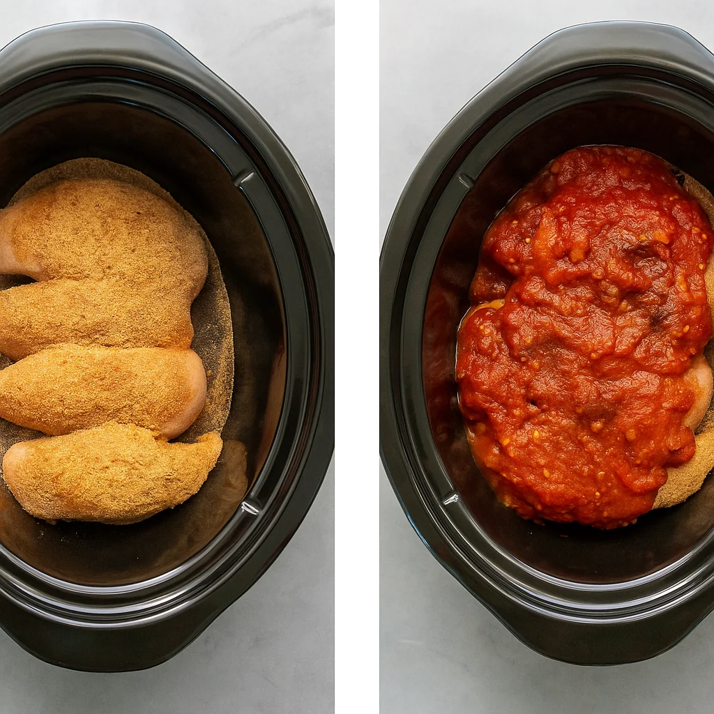 Slow Cooker Mexican Chicken cooking in crockpot with salsa and spices