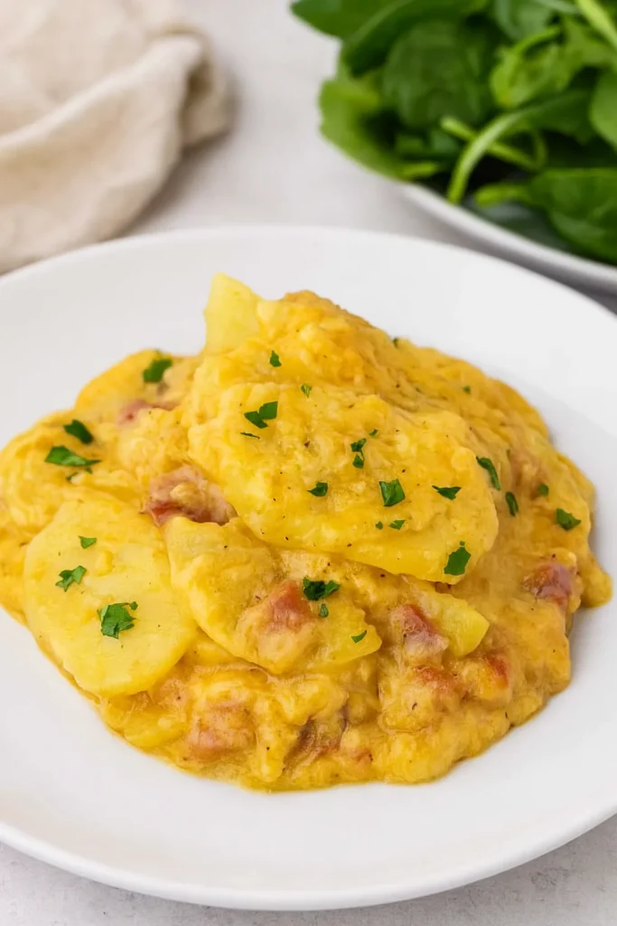 Served scalloped potatoes and ham with greens