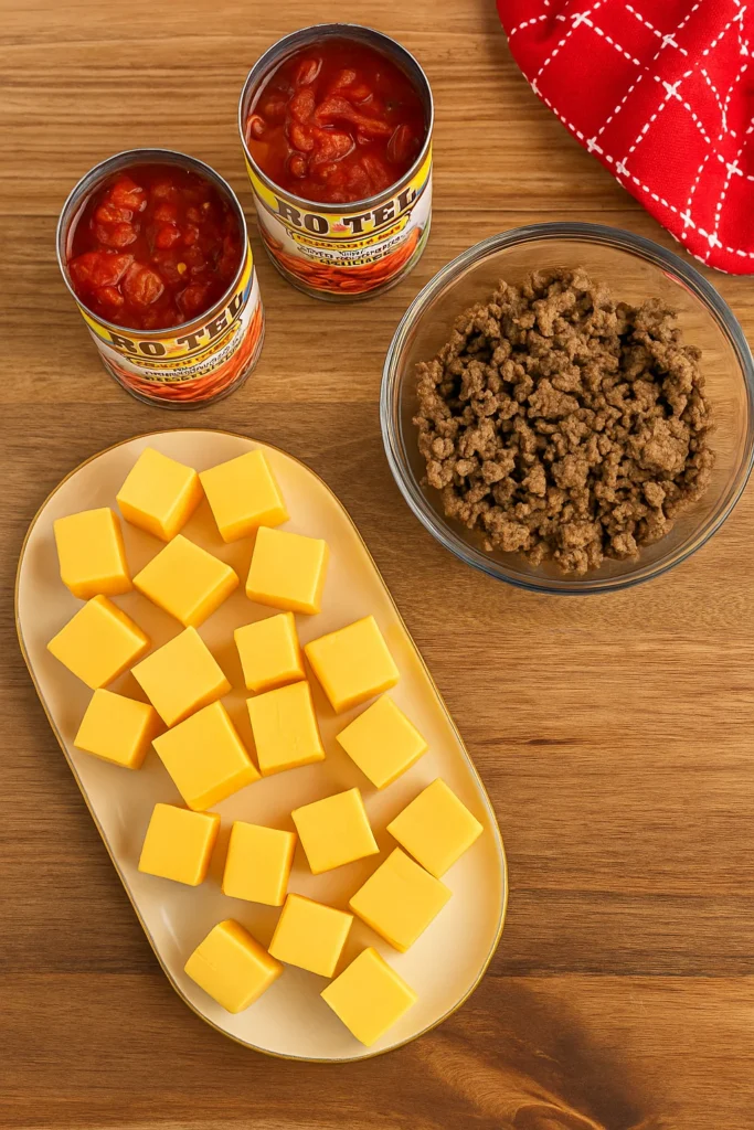 Crock Pot Rotel Dip ingredients on kitchen counter