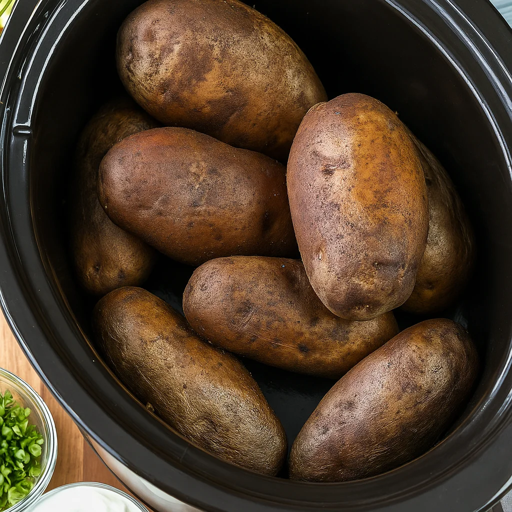 Raw Russet potatoes seasoned in a crock pot