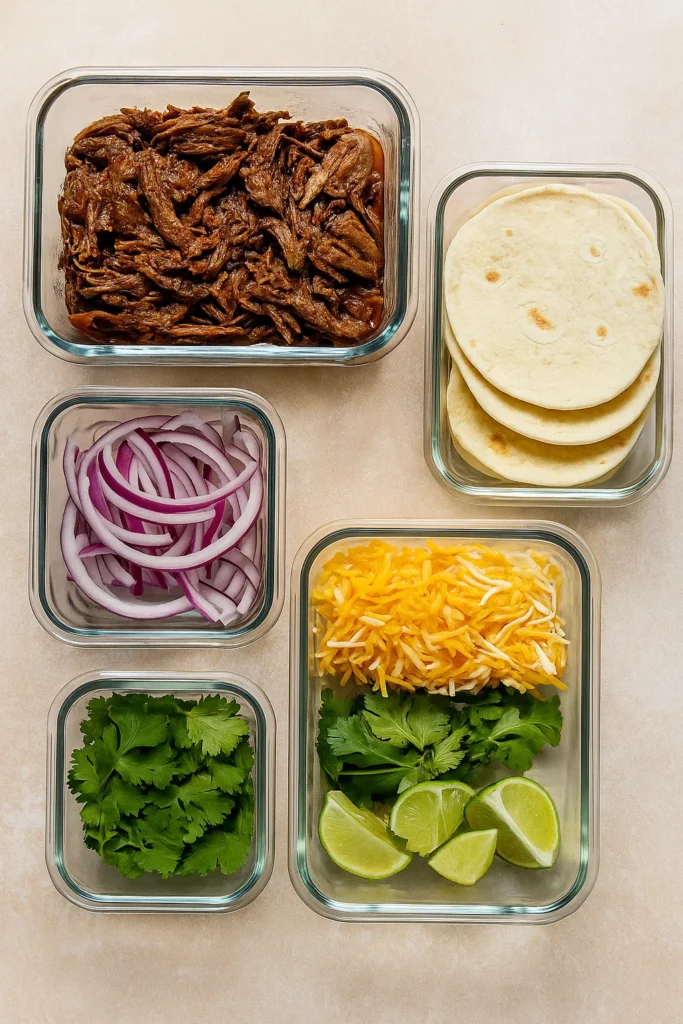 Shredded beef taco meal prep containers
