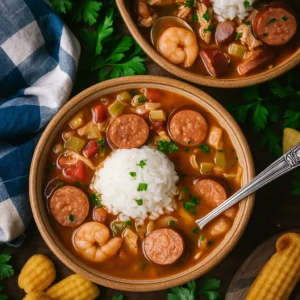 Slow Cooker Gumbo served with sausage, shrimp, and rice