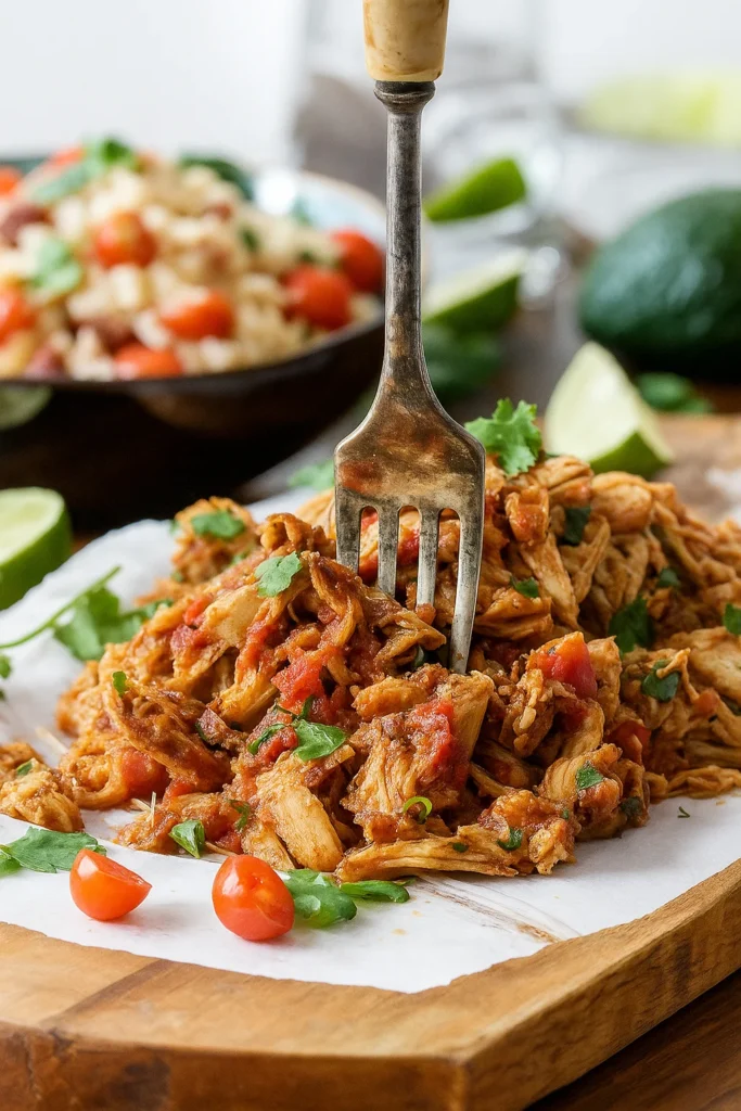 Shredded slow cooker Mexican chicken in bowl with lime and avocado