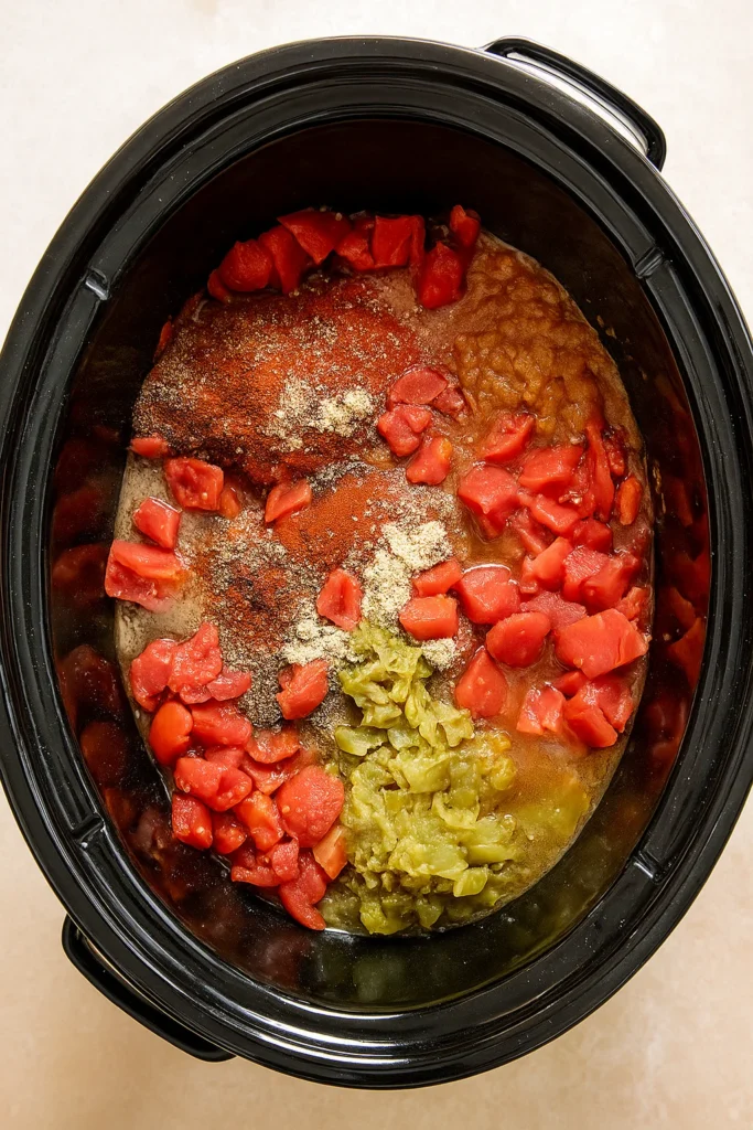Raw ingredients for crockpot Mexican chicken including chipotle and taco seasoning