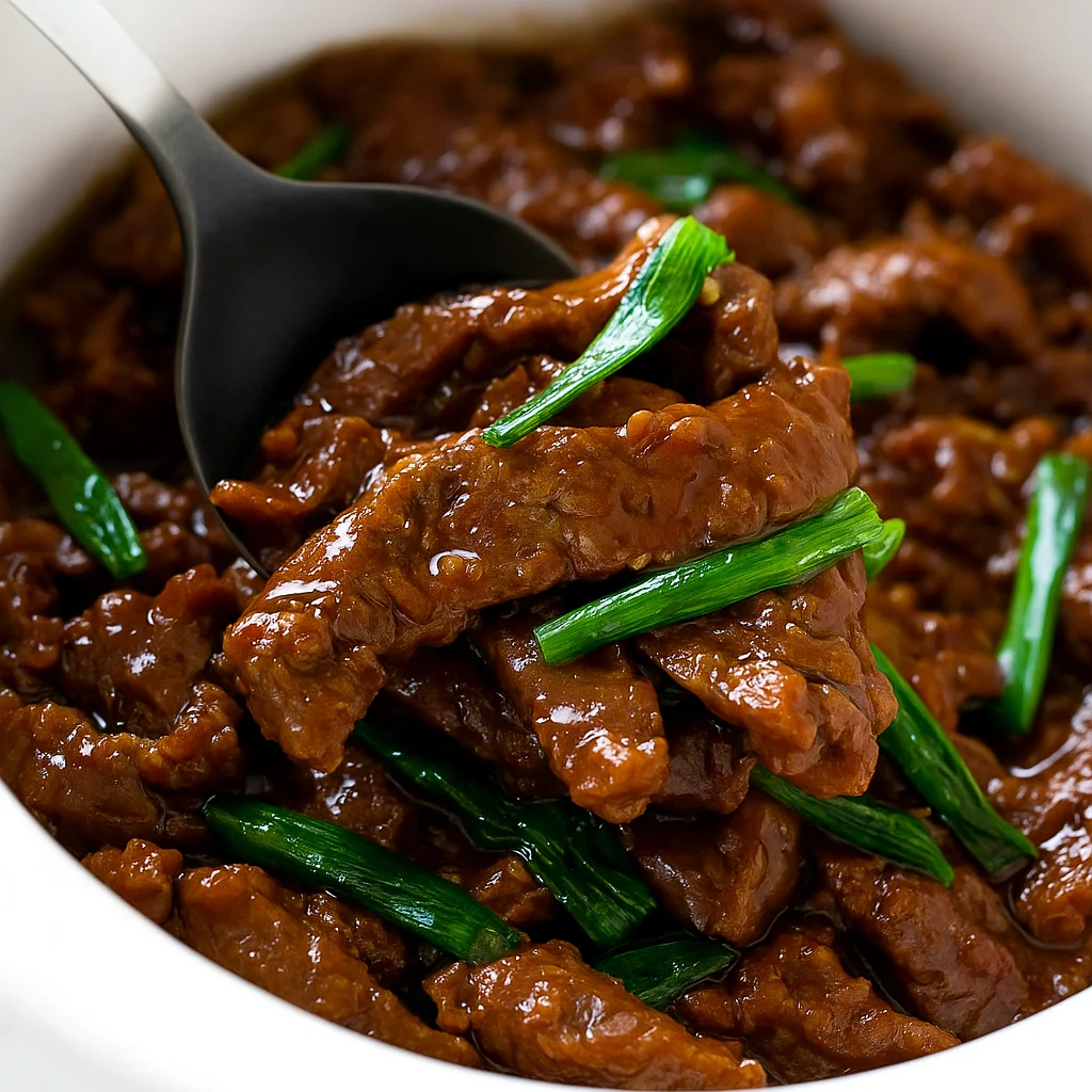 Slow Cooker Mongolian Beef with rice, sesame, and scallions