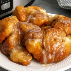 Gooey slow cooker monkey bread in white crock