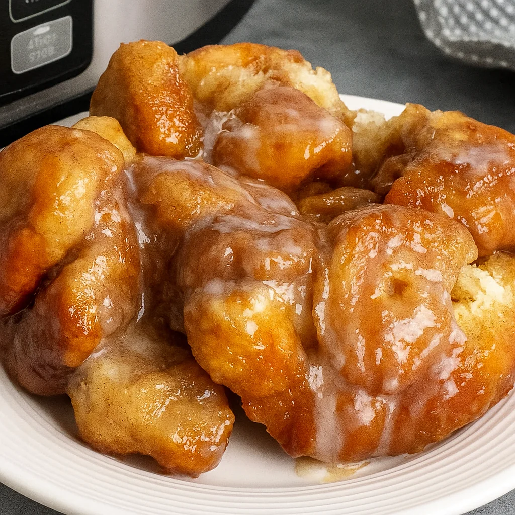 Gooey slow cooker monkey bread in white crock