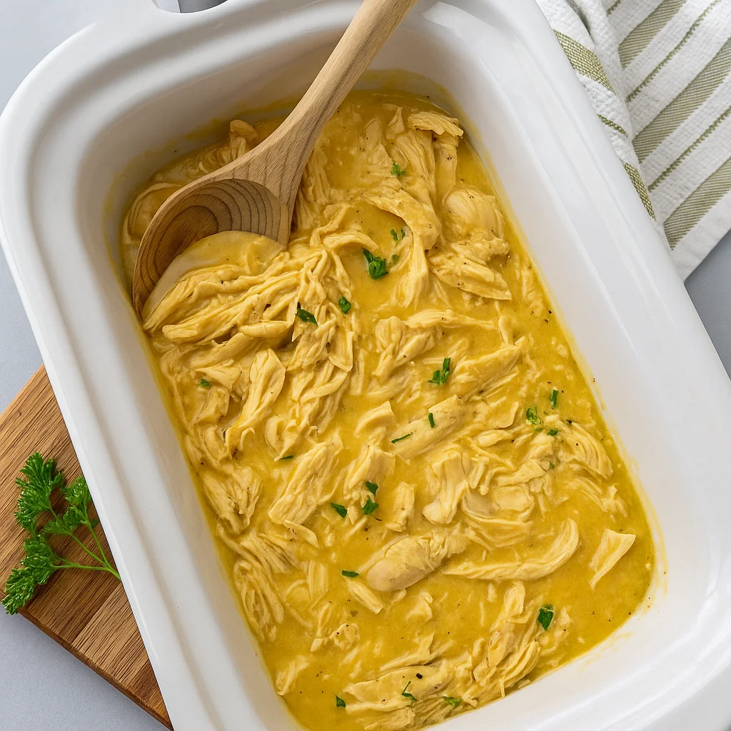Chicken cooking in slow cooker with gravy