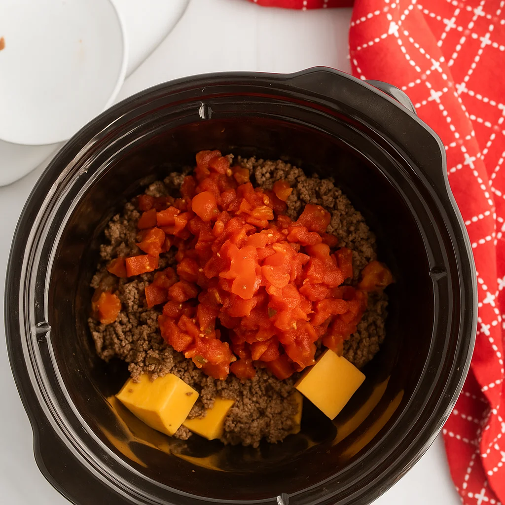 Stirring melted Crock Pot Rotel Dip