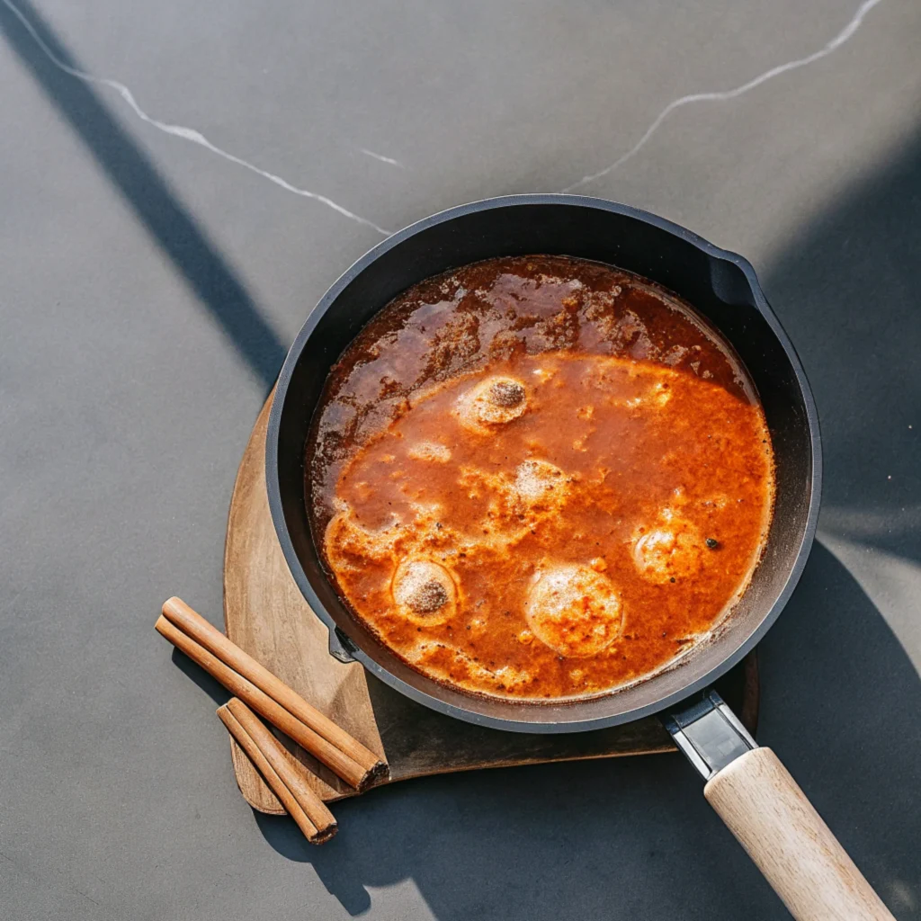 Tikka masala sauce simmering in pan with spices